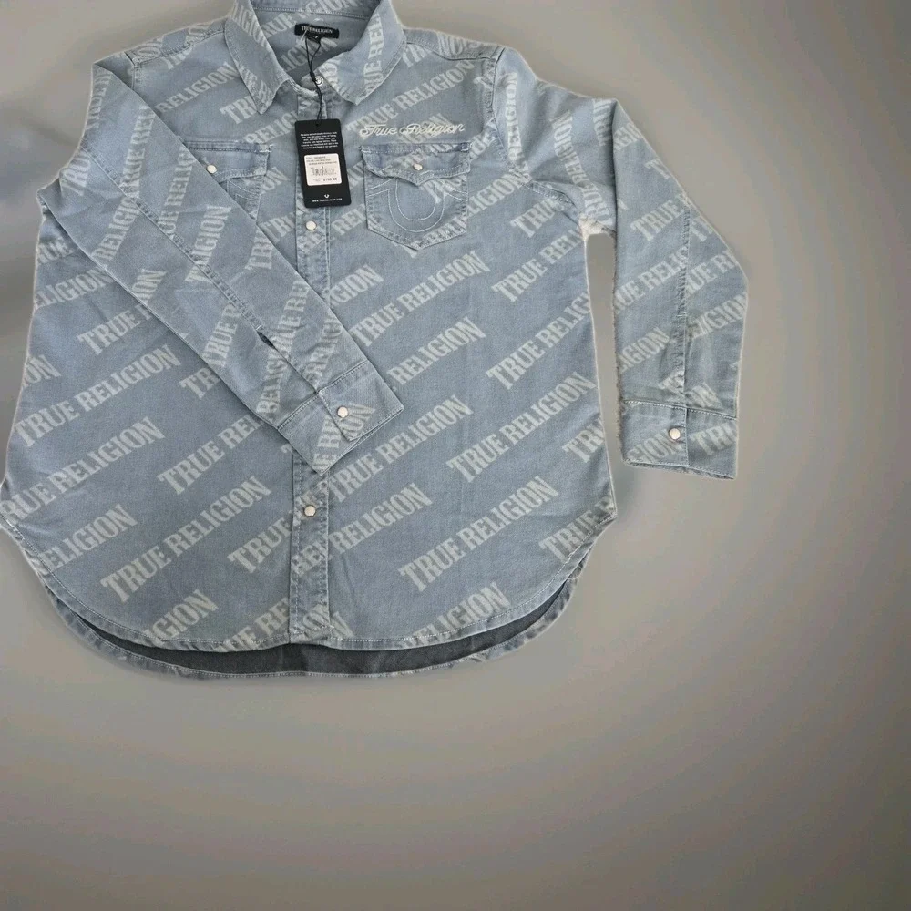 True Religion Georgia Denim Shirt Men's Sz Large Western Cowboy Pearl Snap‎